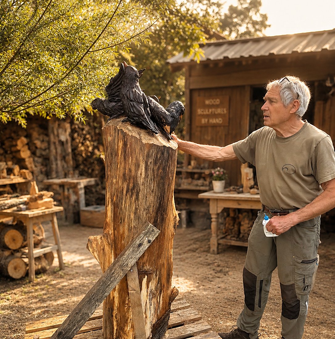 Uli Weigel an einer Holzskulptur